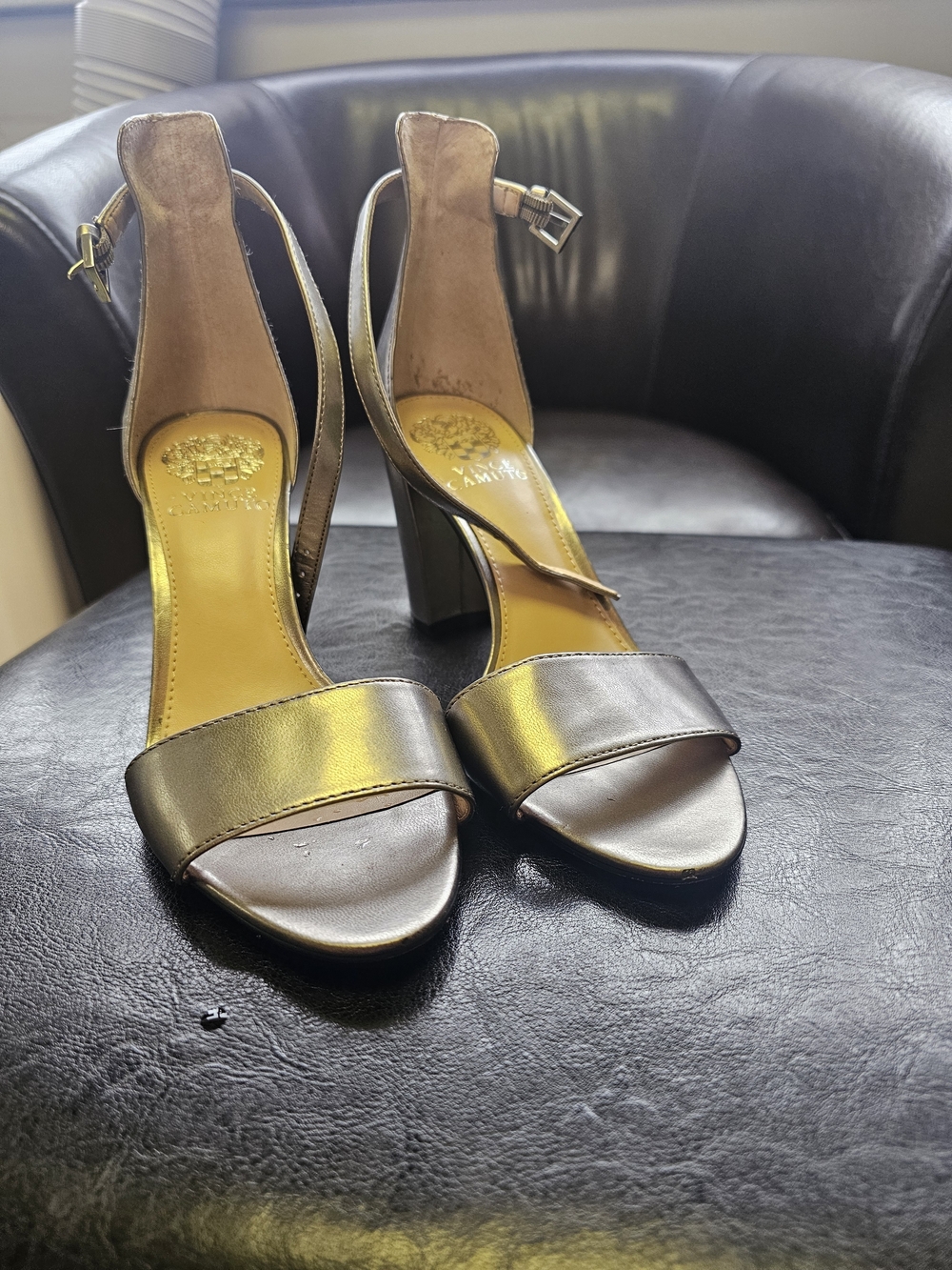 Vince Camuto Metallic Rose Gold Ankle-Strap Block Heel Sandals